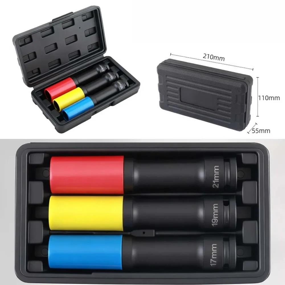 

3 шт. набор удлиненных гаек для колесных гаек длиной 17 19 21 мм 150 мм для обслуживания шин и ударных ключей с чехлом для переноски