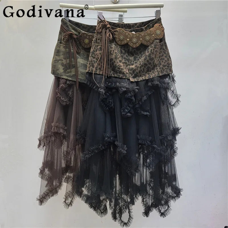 

Autumn Fashion Versatile Loose Leisure Sweet Gauze Splicing Cake Skirt Women High Waist A-line Irregular Medium and Long Skirts