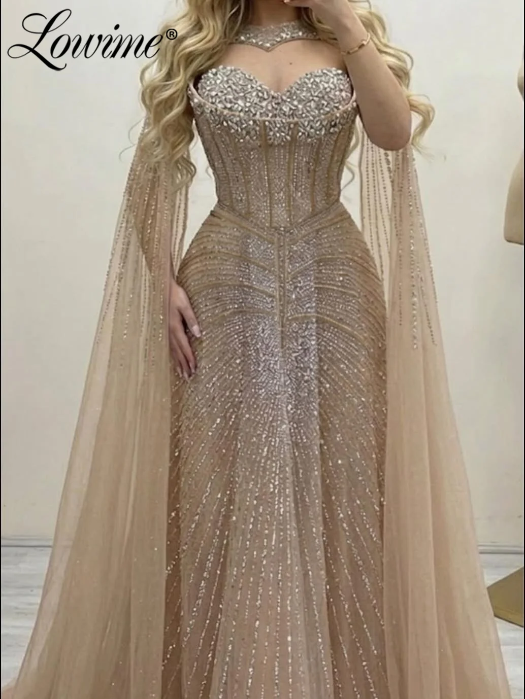 

Customized Nude Cape Sleeves Beaded Saudi Arabic Evening Dresses Gowns for Formal Occasion Champagne A Line Prom Party Dress