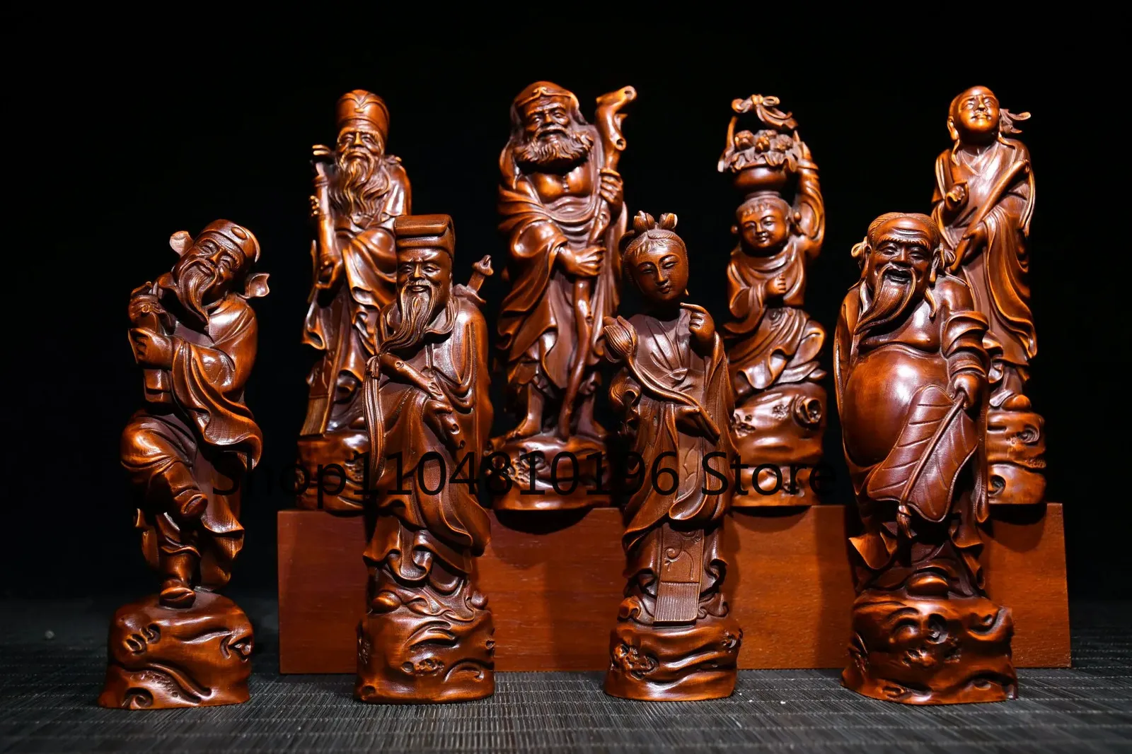Boxwood Eight Immortals Statue Set Cross the sea mythology figure Worship Hall
