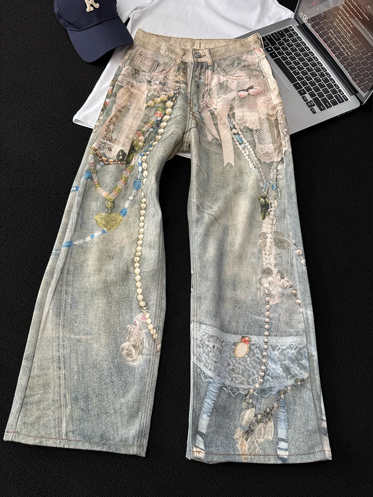 American Style Women's Jeans Lace Pearl Chain Printed Loose Pants 2025 Autumn New Casual Wide Leg Jeans Fashion Trousers
