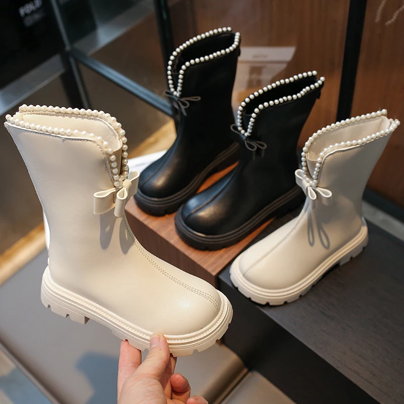 

New Platform Winter Long Boots for Kids Girl Fashion Beaded Pipe Boots Princess Elegant Thick Bottom Student Knight Shoes