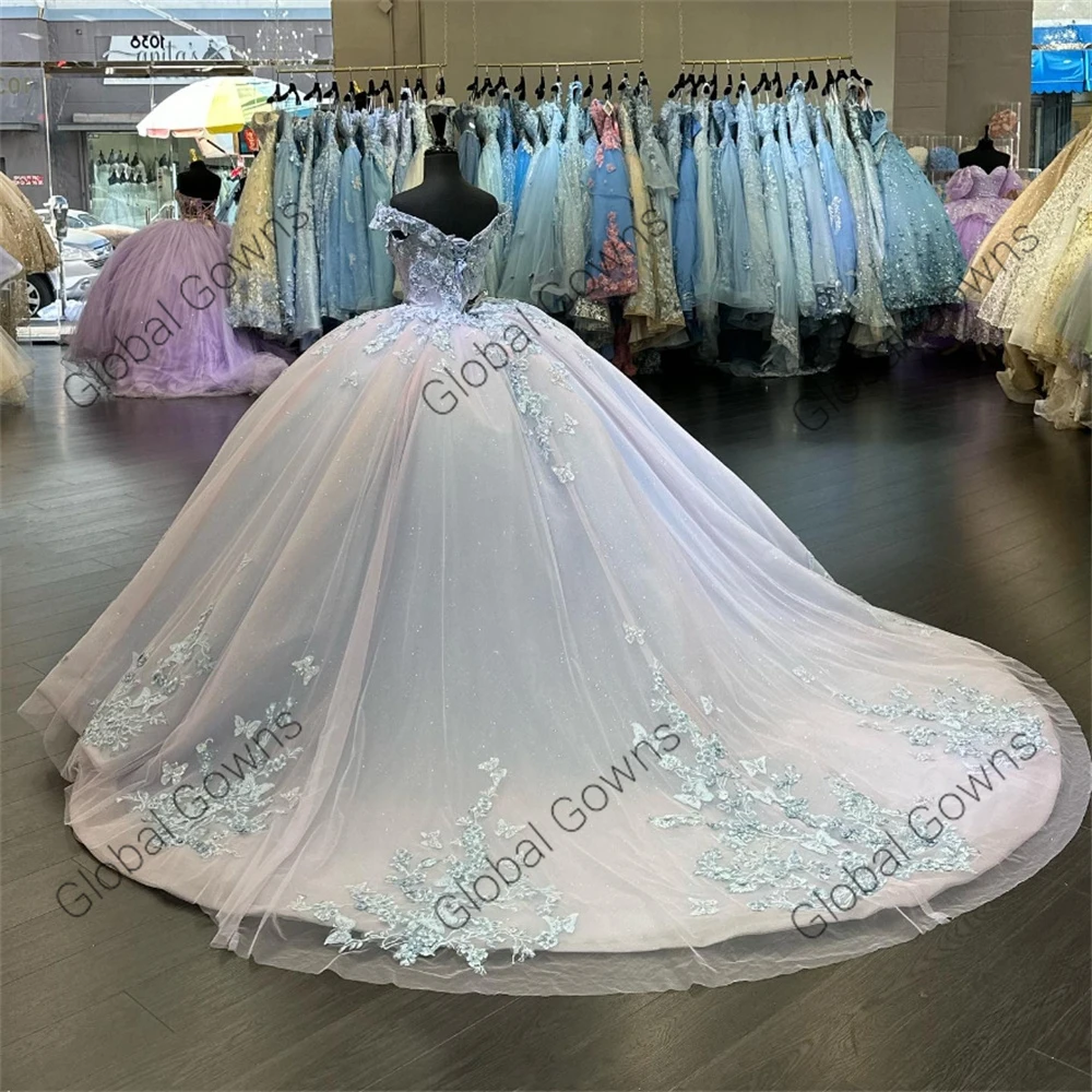 Vestido De baile De México con hombros descubiertos para quinceañera, vestidos De fiesta De cumpleaños con cuentas, apliques dulces 16, vestidos De Graduación