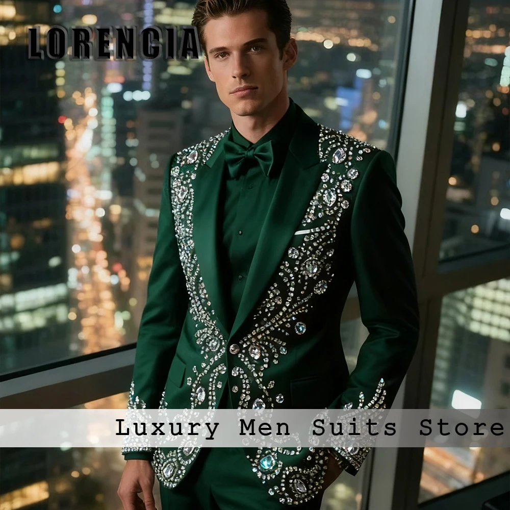 

Glitter Crystal Men Suits 2 Pieces Jewelry Tuxedos Set Wedding Party Outfits 2025 Customized Blazer Pants roupas masculinas