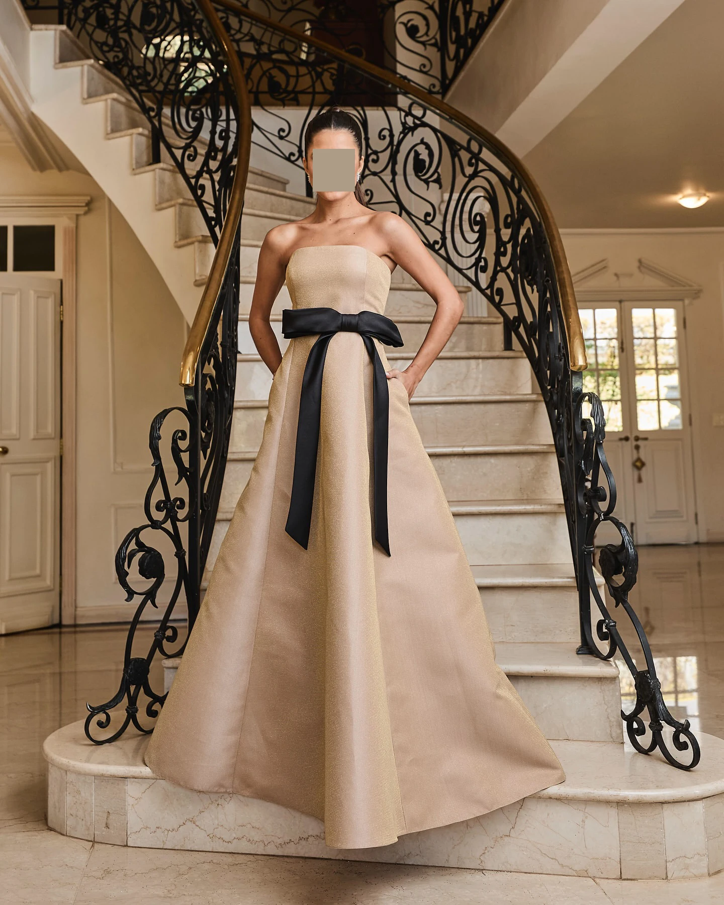 

QR Customized Elegant Women Evening Dresses Big Bow Belt Strapless A-line Luxurious Prom Zipper Satin Floor Length Party