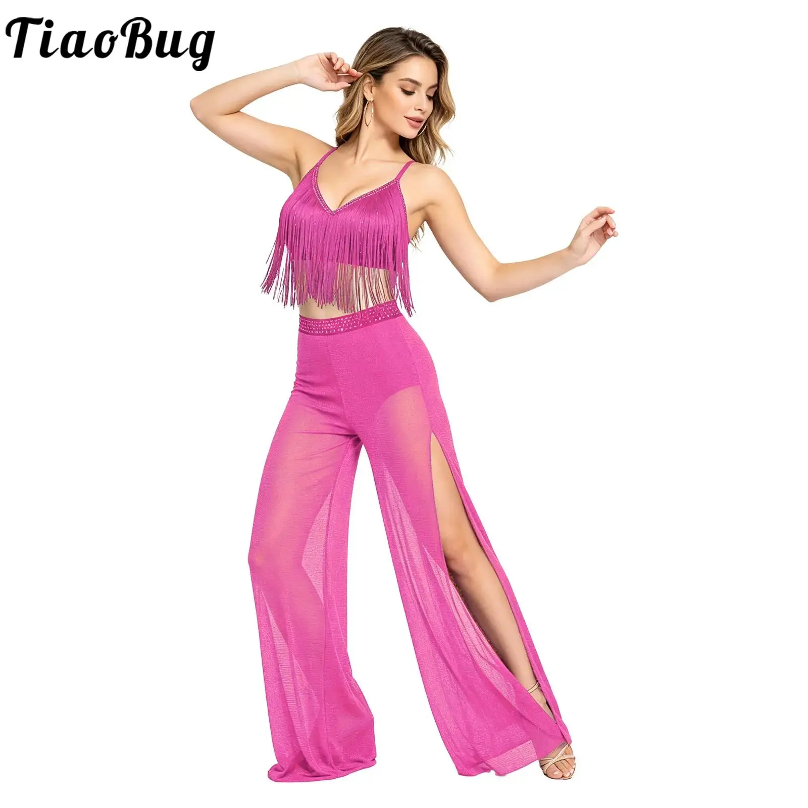 

Women Latin Belly Lyrical Dance Outfit Sleeveless Fringed Crop Top And Mesh Pants with Built-in Briefs Jazz Modern Dance Costume