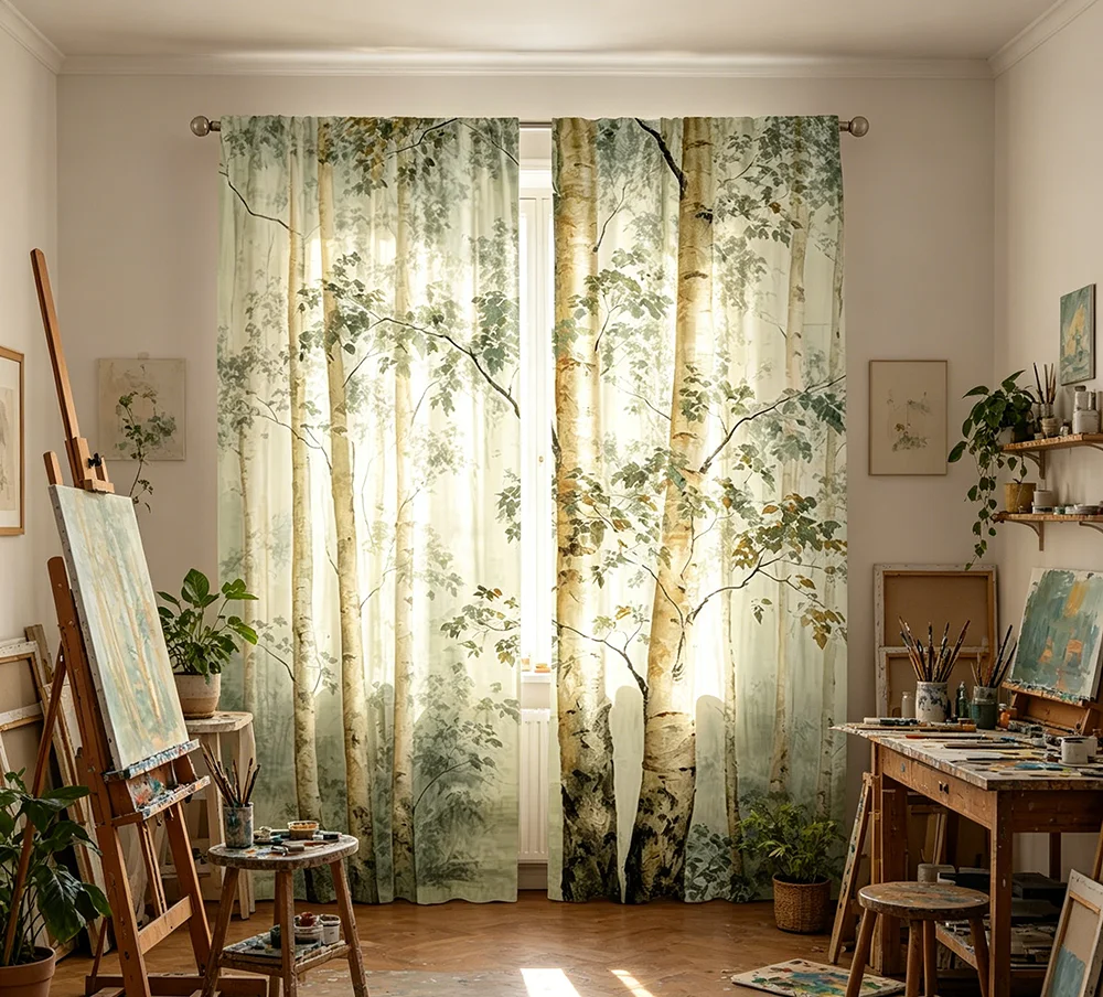 2PCS Digital Printed Curtains, Green Forest Birch Pattern, Artistic Pattern Window Drapes for Living Room Bedroom Decor