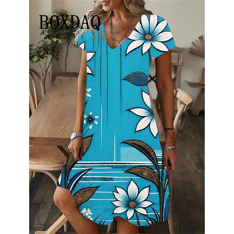 فستان نسائي صيفي جديد لعام 2025 فستان أنيق مثير بياقة على شكل حرف v فضفاض على شكل حرف a عتيق مطبوع عليه زهور وأكمام قصيرة فساتين نسائية غير رسمية للشارع
