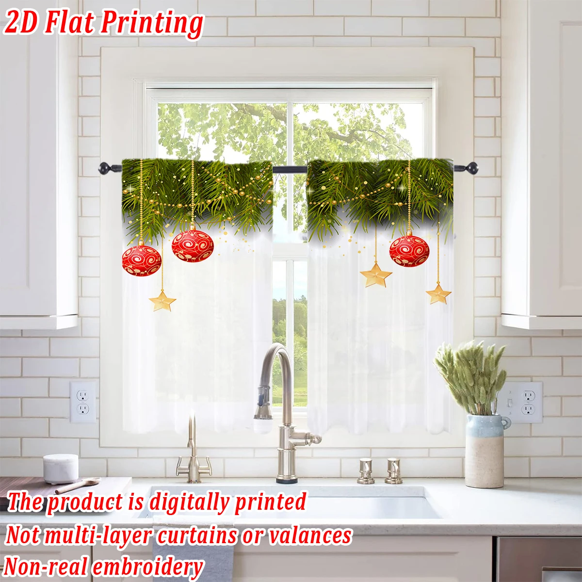 ستارة شفافة للمطبخ بطباعة مسطحة لعيد الميلاد مع فرع كرة عيد الميلاد على شكل نجمة من الصنوبر لحفلات ديكور المنزل في عيد الميلاد