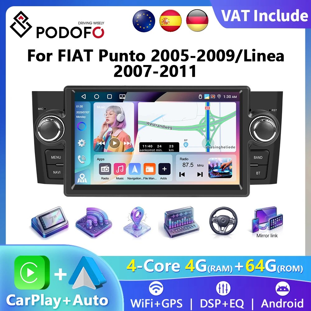 Podofo Autoradio 7 pouces HD à écran tactile, CarPlay sans fil, Android Auto, pour FIAT Punto 2005-20009/Linea 2007-2011, lecteur multimédia pour voiture, GPS, FM, WIFI, Bluetooth, Mirror Link,