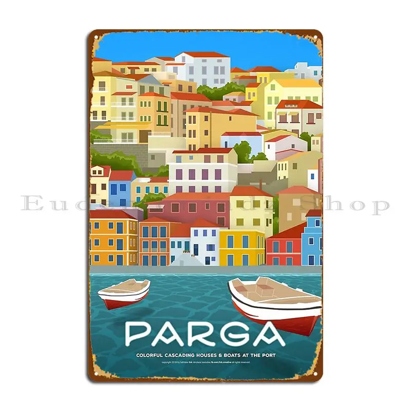 Colorful Cascading Houses And Boats At The Port Parga Gr Metal Sign Poster Home Cinema Print Garage Decoration Tin Sign Poster