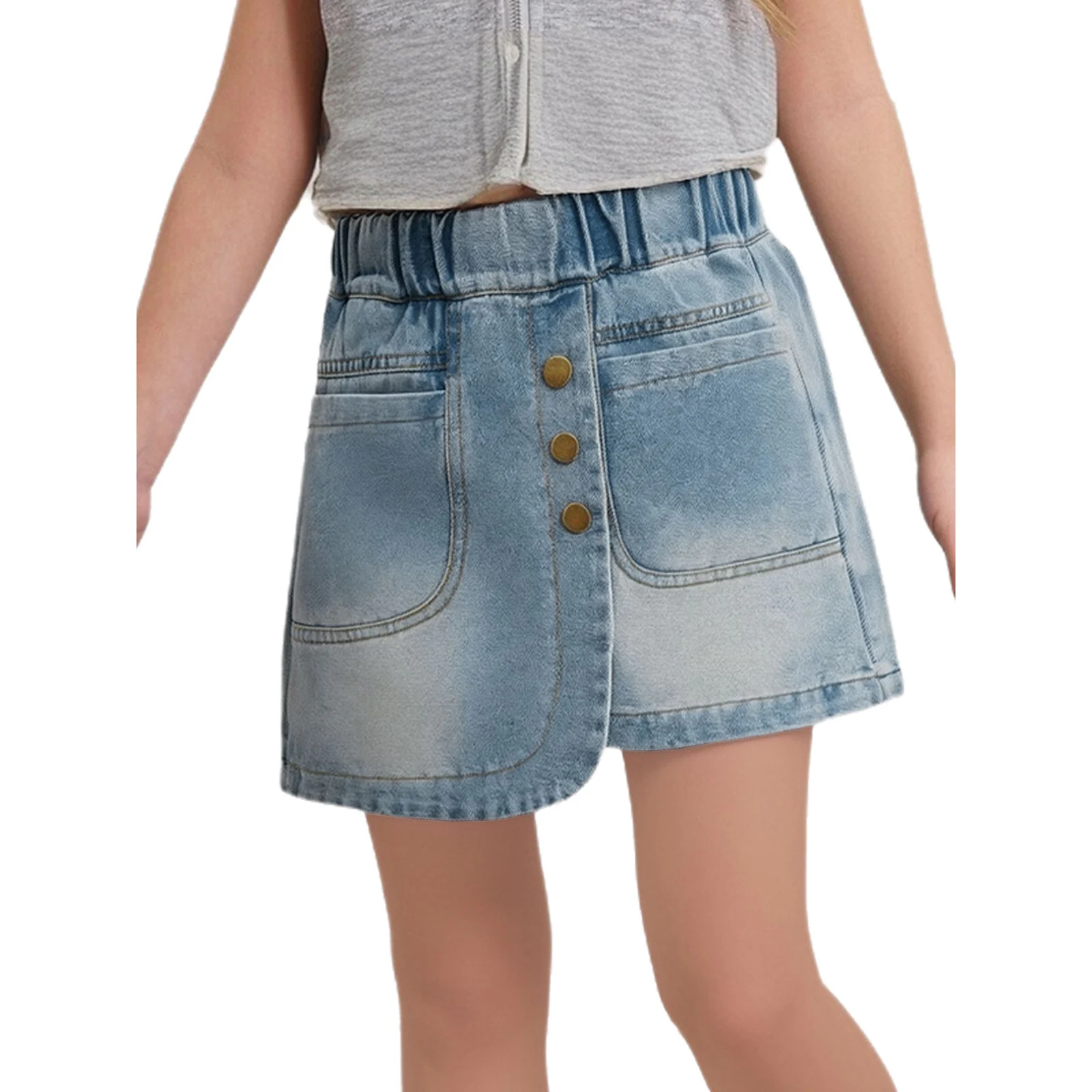 

Kids Girls Fashion Half Panel Denim Shorts Summer Jean Skirt Elastic Waistband Culotte for Birthday Picnic Park Holiday Vacation