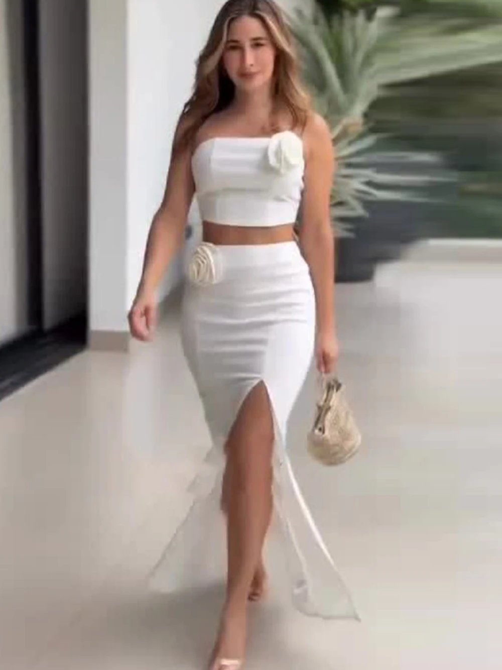 Elegant White Sleeveless Two Piece Dress 3D Flower Crop Top High Split Midi Skirt Sexy Outfit For Cocktail Party Vacation