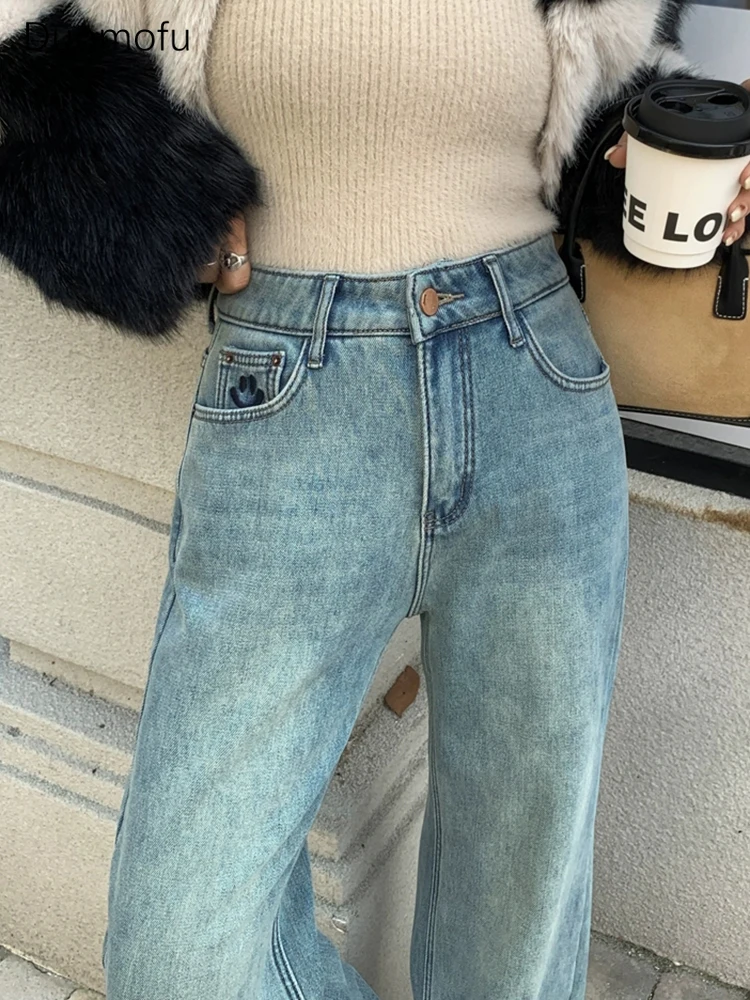 Duomofu Chic Embroidery Loose Straight Full Length Women Jeans Autumn Classic High Waist Slim Fashion Simple Casual Female Jeans