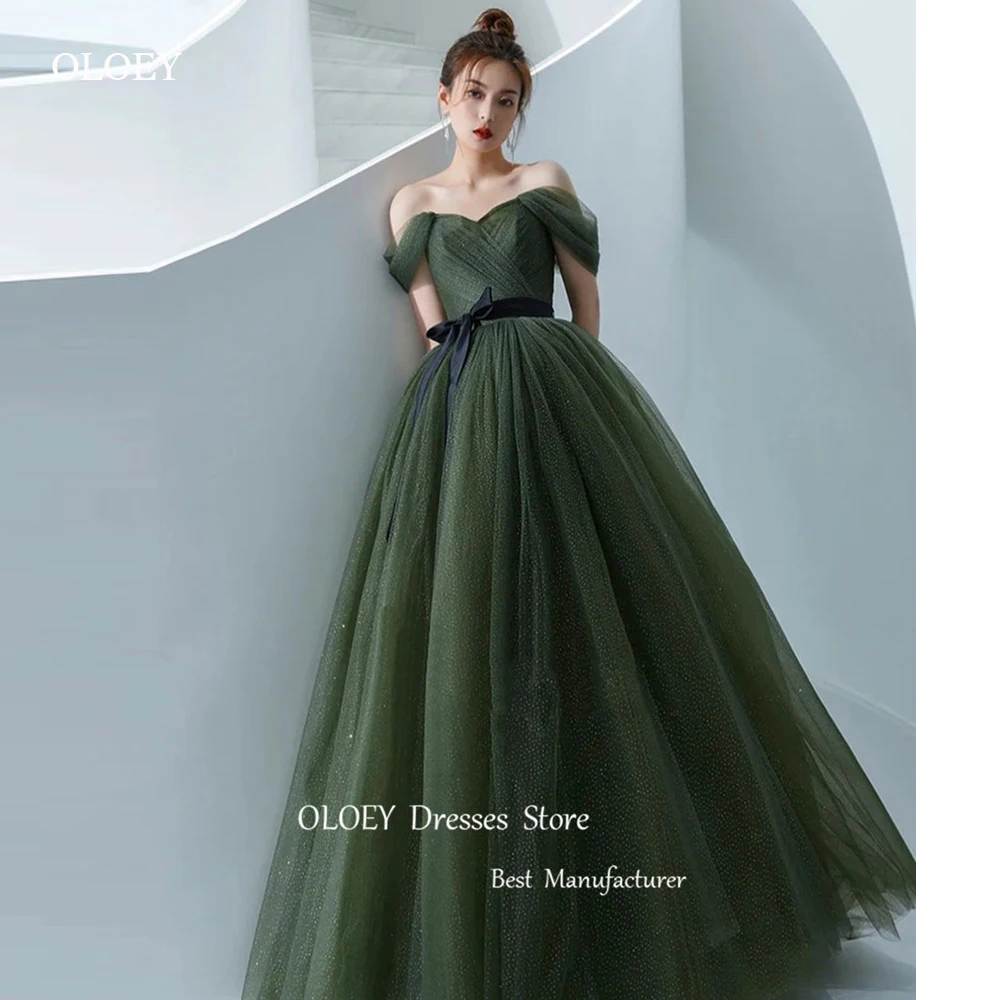 OLOEY Glitter Dark Green Tulle Evening Dresses Off Shoulder Sparkly Off Shoulder Bow Belt Wedding Photo shoot Party Dress