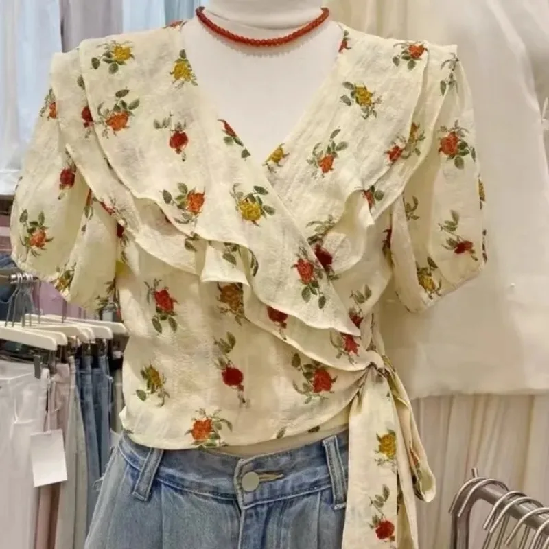 

Women's Floral Print Ruffle Wrap Top Casual V Neck Short Sleeve Blouse with Self Tie