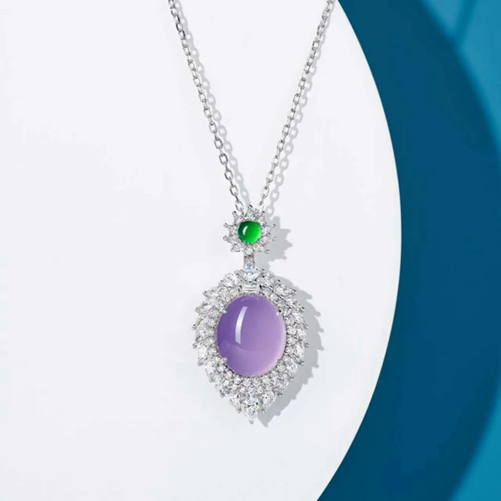 Wong Rain 925 Sterling Silver 12*14 MM Oval Natural Purple Jade High Carbon Diamond Gemstone Pendant Necklace Fine Jewelry Gifts