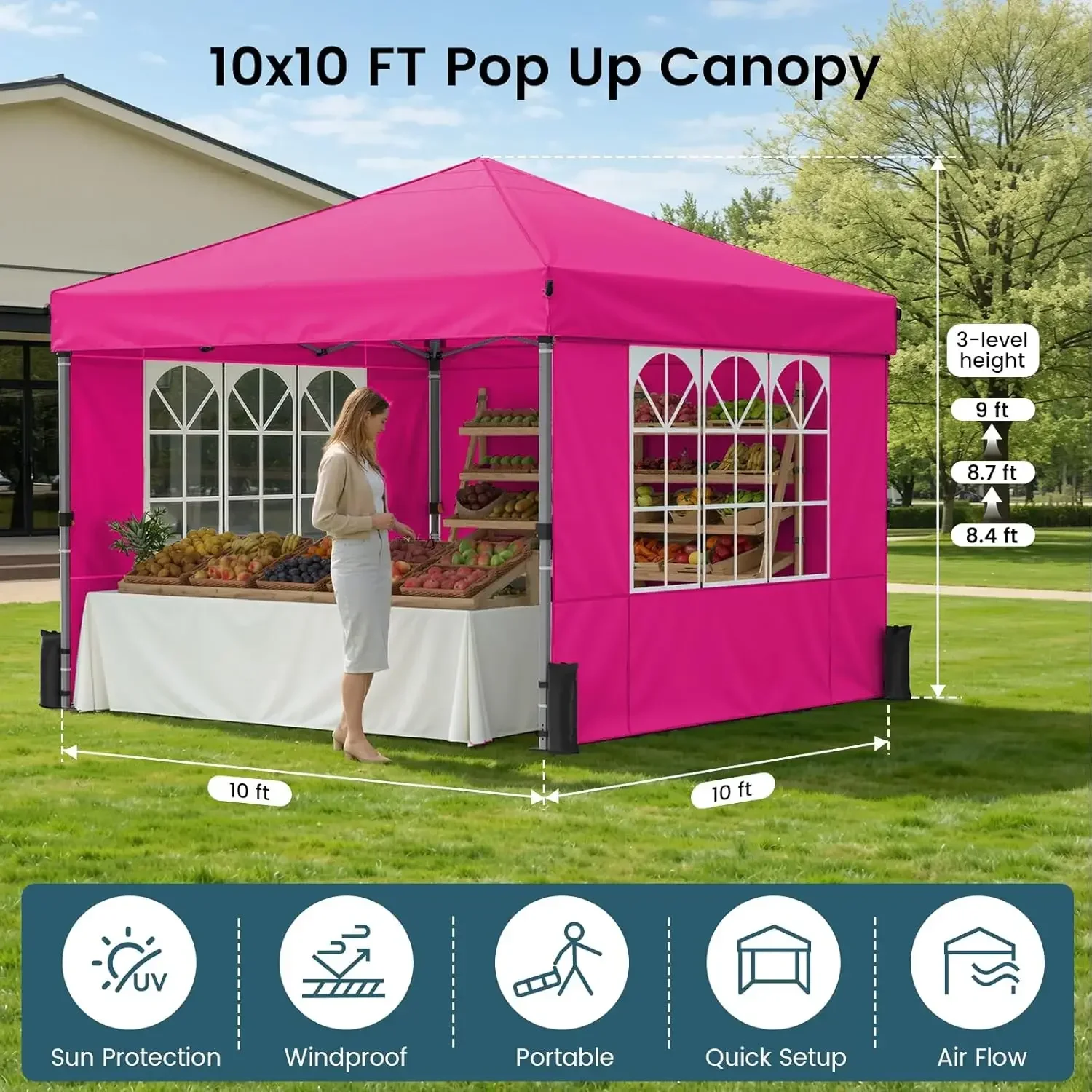Pop Up Canopy Tent with Sidewalls, 10x10ft 10 Person Party Tent One Push Setup, Portable Gazebo Outdoor Sun Shade for Events, Pa