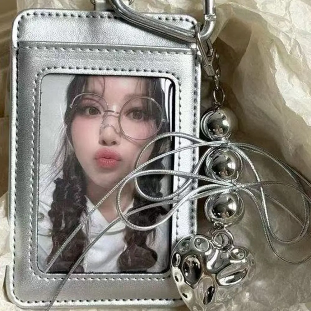 Kawaii Leather Card Holder Silver Ins Ribbon Kpop Photocard Holder Love Bead Pendant Photo Display Holder Elevator Card