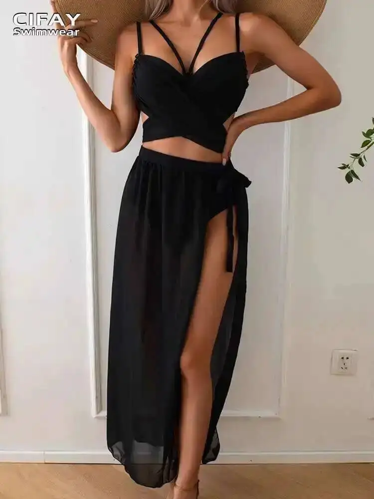 

Big Size, Slightly Chubby, Sexy Bikini Three Piece Set, Vacation Style, Small Chest Gathering, Mesh Covering, Soaking In Hot