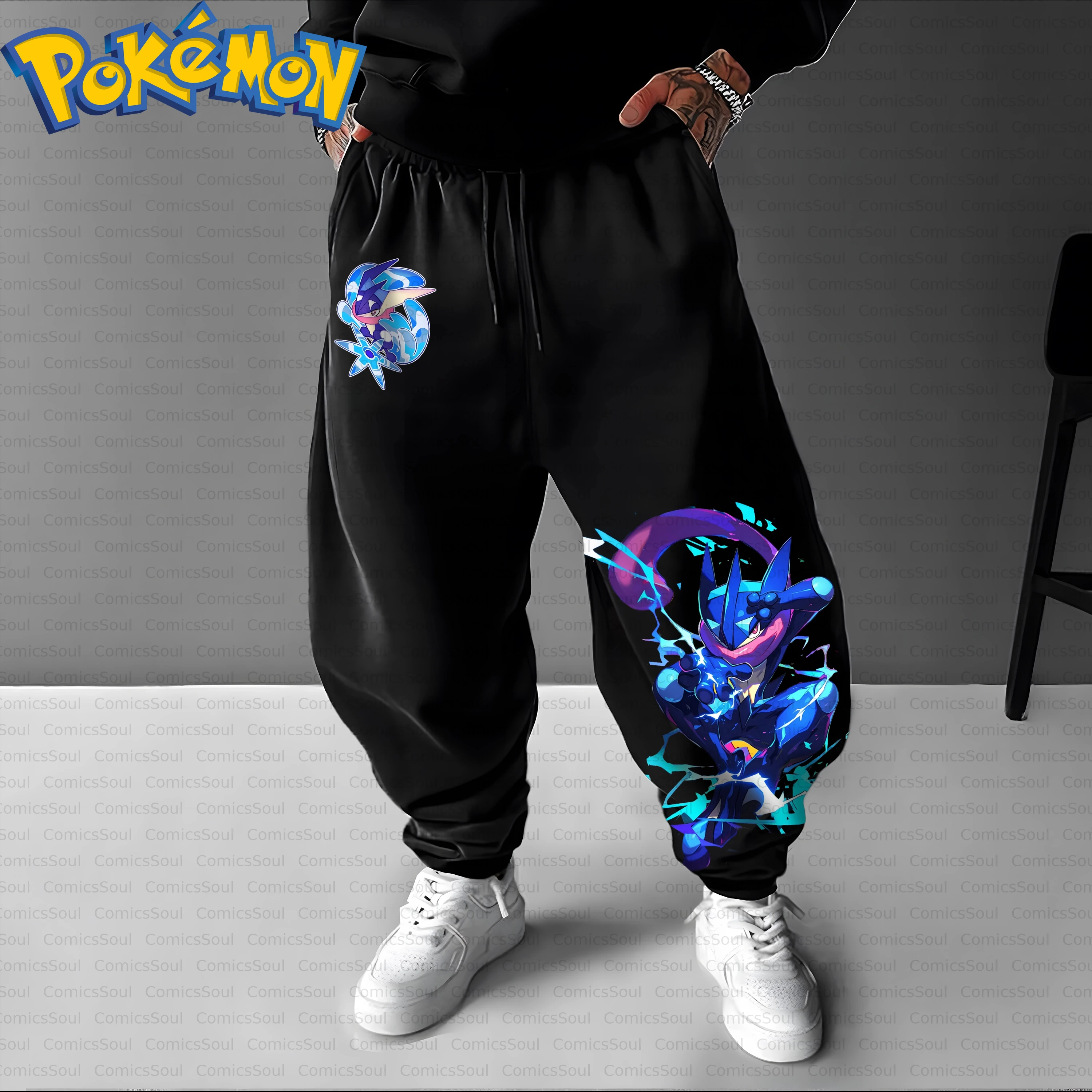Conjunto de moletom com capuz Pokémon de algodão preto e calças Harajuku com estampa traseira Greninja Azul Roxo efeitos relâmpago e logotipo no peito casual