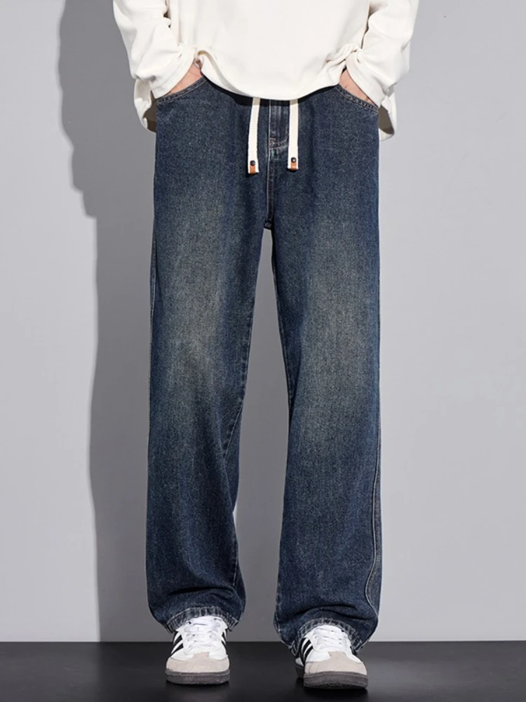 

Мужские повседневные джинсы на шнурке, модные винтажные прямые широкие джинсовые брюки, свободные удобные мужские уличные брюки