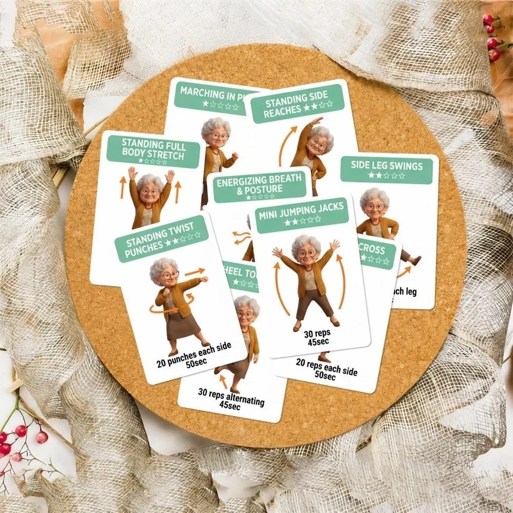 18Pcs Illustrated Step Move Guide Senior Standing Exercise Flashcards Paper Fitness Sheets Low-Impact Gentle Stretch Cards