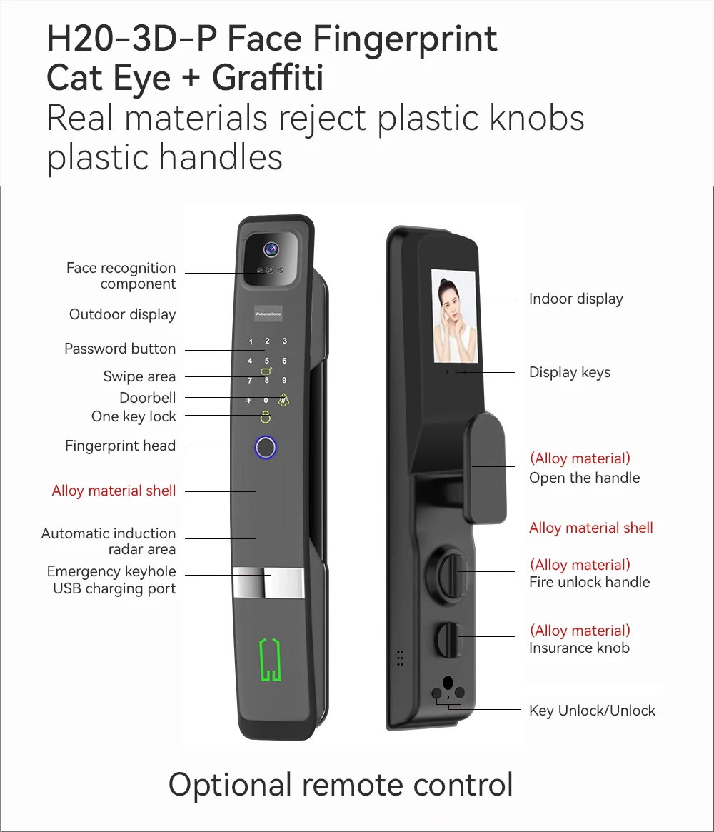 Tuya Wifi بصمة الإصبع ثلاثية الأبعاد التعرف على الوجه قفل الباب الذكي جرس باب يتضمن شاشة عرض فيديو قفل الباب مع وظيفة التقاط الكاميرا