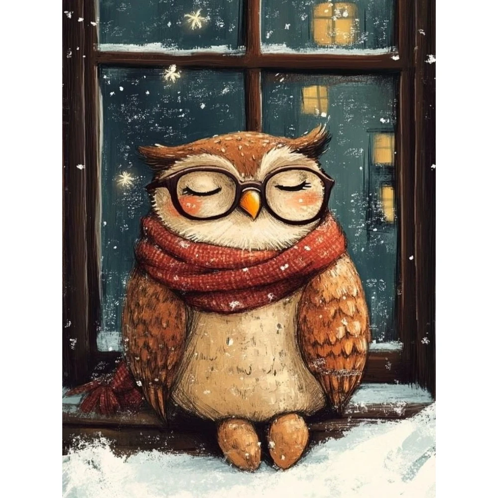 Oil Painting Cute Owl With Glasses Scarf Winter Snow Window Scene By Numbers Modern Wall Decor for Living Room Gift No Frame