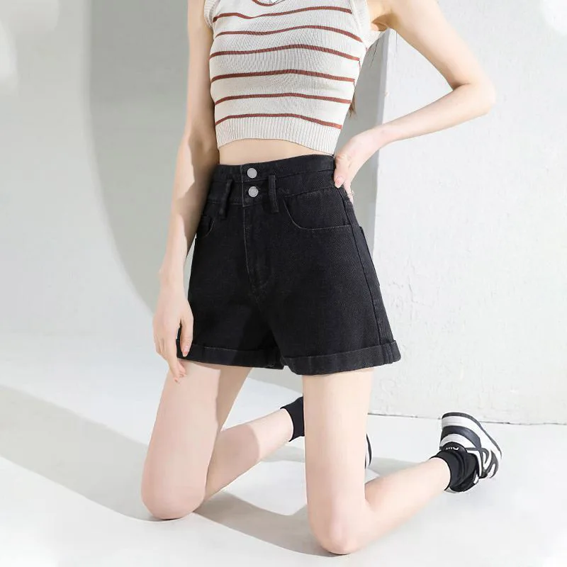 

Women's Spring Summer Slimming High Waist Wide Leg Jeans Shorts High Waist Cuffed Small Size Ins Hot Pants Thin Denim Shorts