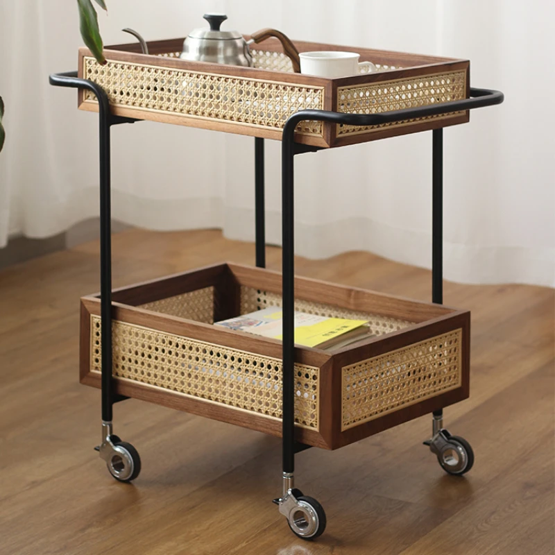 Black Walnut Wood Small Cart Removable Storage Small Dining Cart Solid Wood Edge Several Corner Storage Shelves Vine Weaving