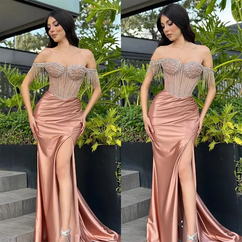 Rosy Gold Prom Dress Crystal Tassels Off Shoulder Evening Dresses Bodice Split Formal Long Special Occasion Party Gown