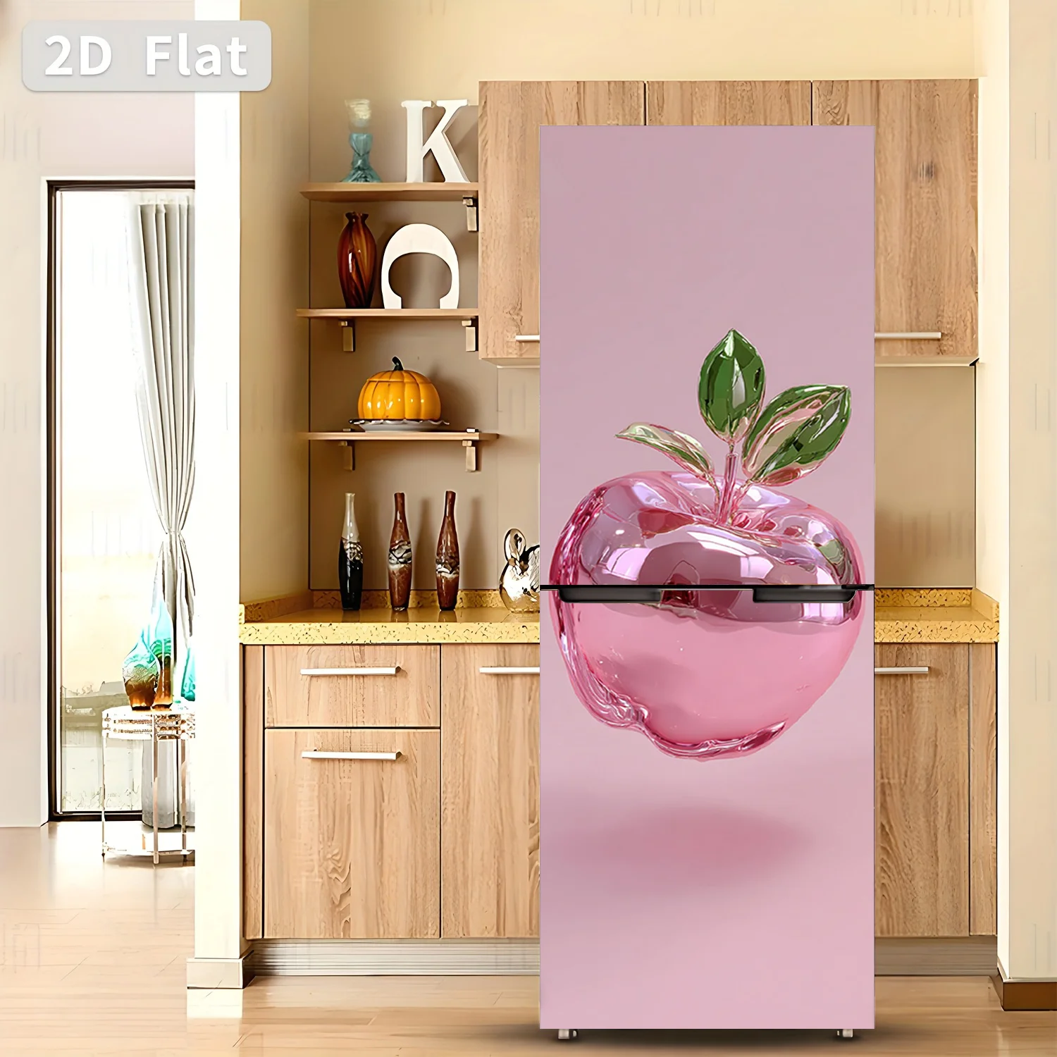 Refrigerator Sticker Pink Glass Apple Theme Design Wall Sticker Decorative Wallpaper Self-Adhesive Suitable for Cabinets and