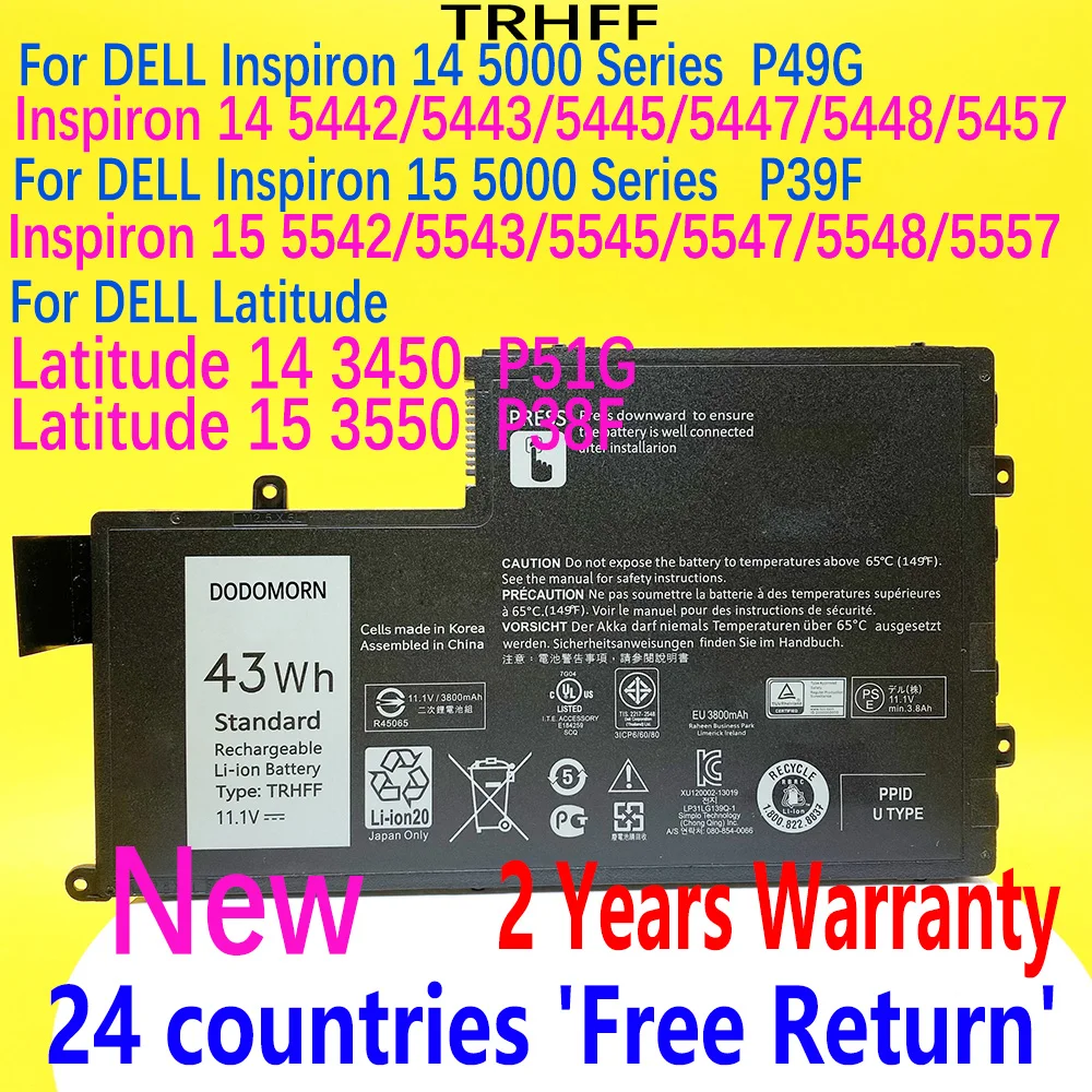 

DODOMORN NEW TRHFF Battery For DELL Inspiron 14 5445/5447/5448/5457 15 5545/5547/5548/5557 Latitude 14-3450 15-3550 Laptop 43Wh