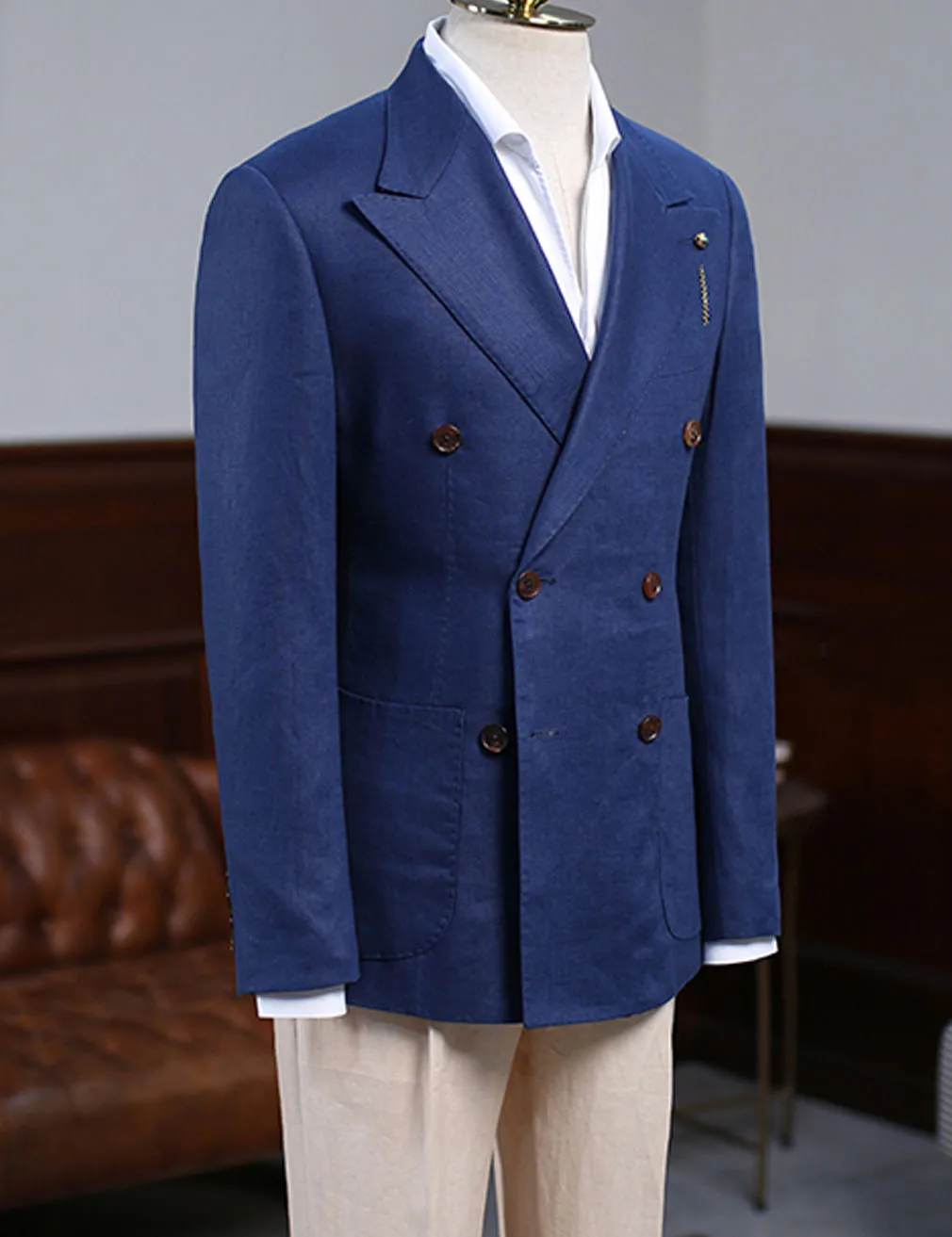 

Summer Green Navy Blue Linen Double-breasted Elegant Men's Suit Jacket Blazer Pants men's Suit Wedding Business Travel