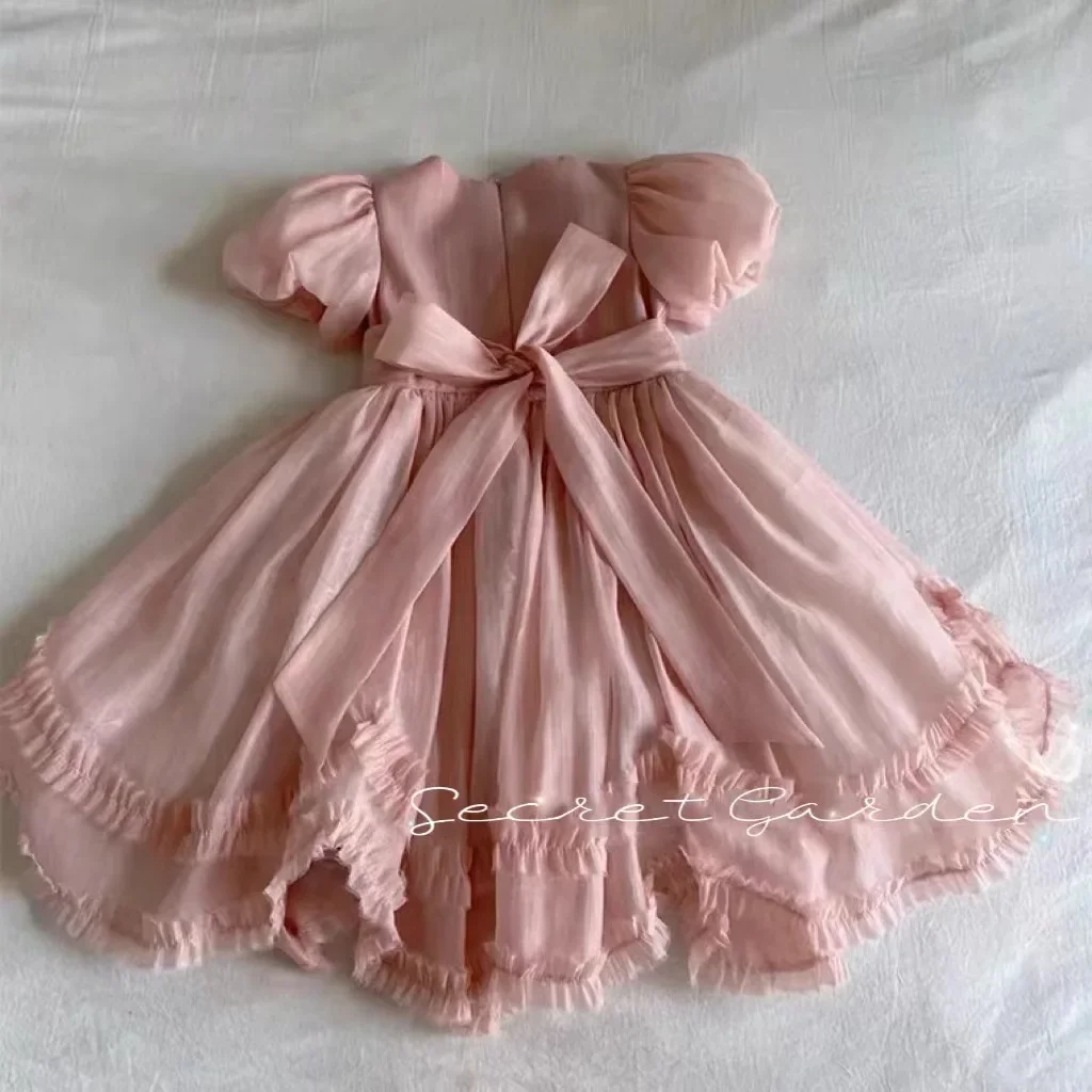 

Korean Baby Girls Puff Sleeve Dress Waves Rim Kids Ruffles Princess Party Gown for Birthday Children Boutique Clothing