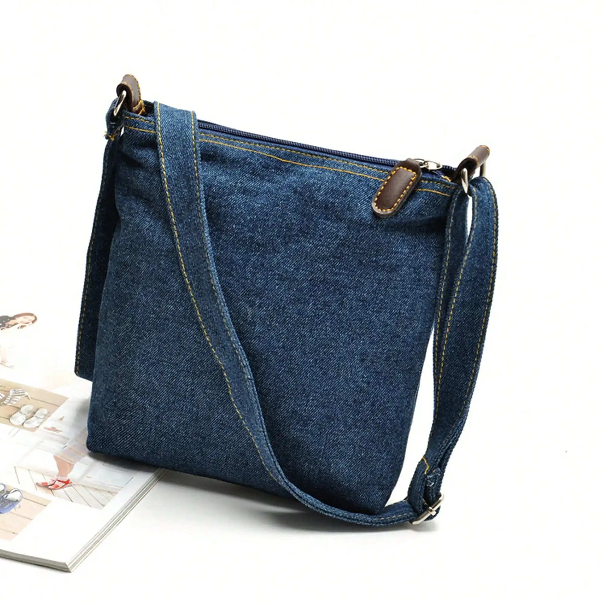 Moda feminina denim crossbody saco multi bolsos saco do mensageiro com alças ajustáveis bolsa de ombro saco vintage 22cm * 21cm * 4.1cm