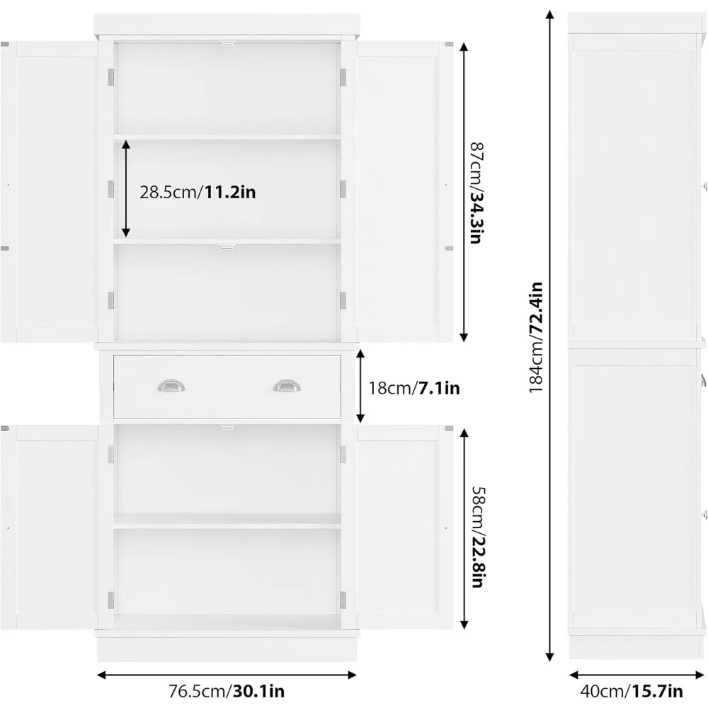 Utility Pantry Storage Cabinets for Kitchen, Dining Room, Living Room, White , Freestanding Cupboard with  Doors