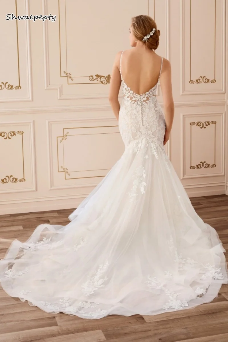 بوهو حورية البحر فساتين الزفاف السباغيتي عارية الذراعين الشاطئ زي العرائس الدانتيل يزين العاج Pastrol Vestidos De Novia مخصص #2