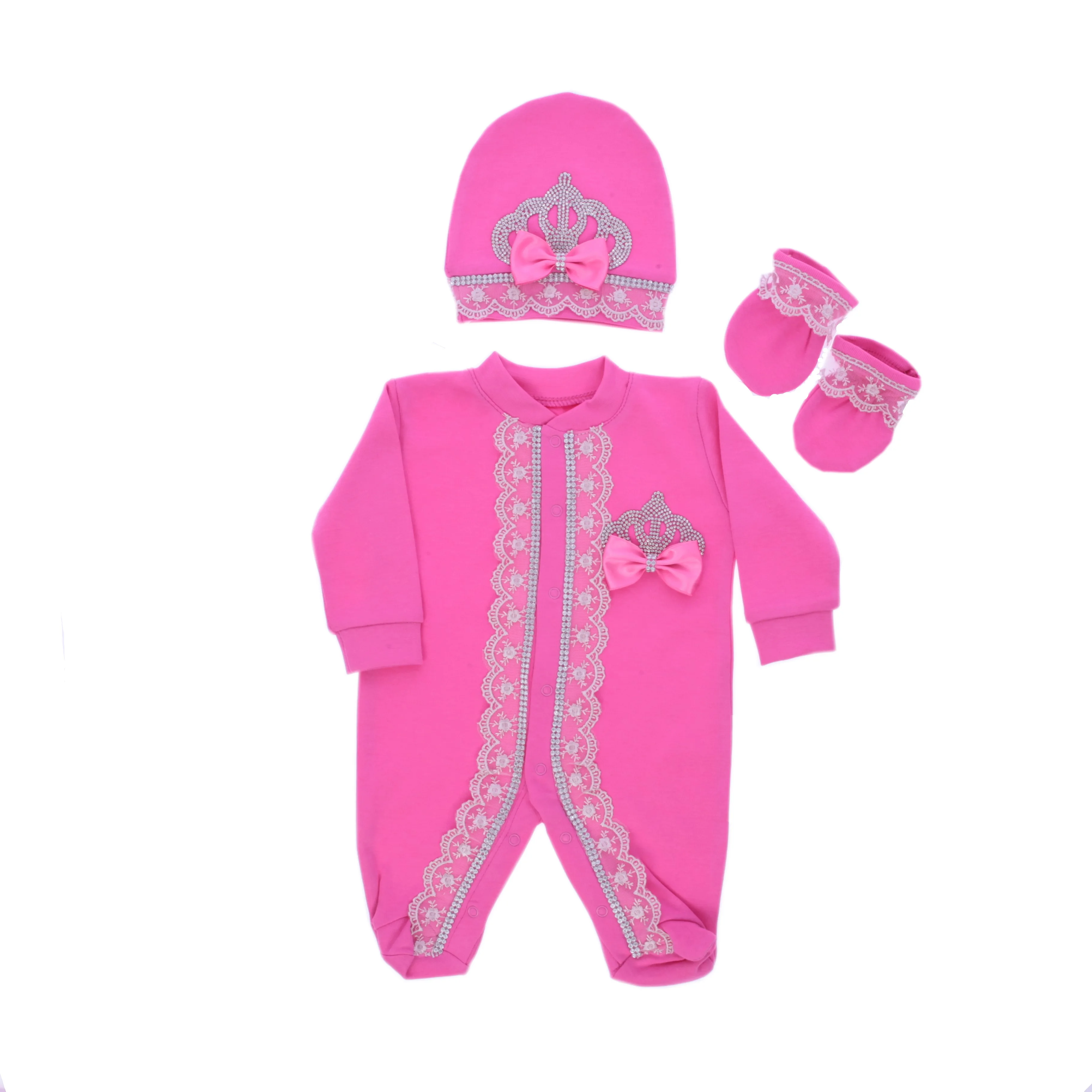 Dollbling 3pcs Newborn Fushia Pink Lace Outfits Personalised Name Sleepsuit Nest Baby Girl Pearly Crown Onesie Christening Gift