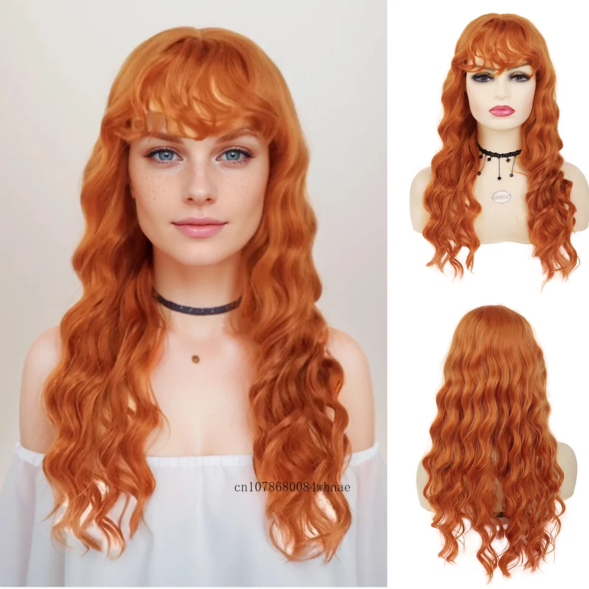 Orange Halloween Wig with Bangs Synthetic Long Curly Wavy Wigs for Women Natural Looking Cosplay Party Costume Heat Resistant