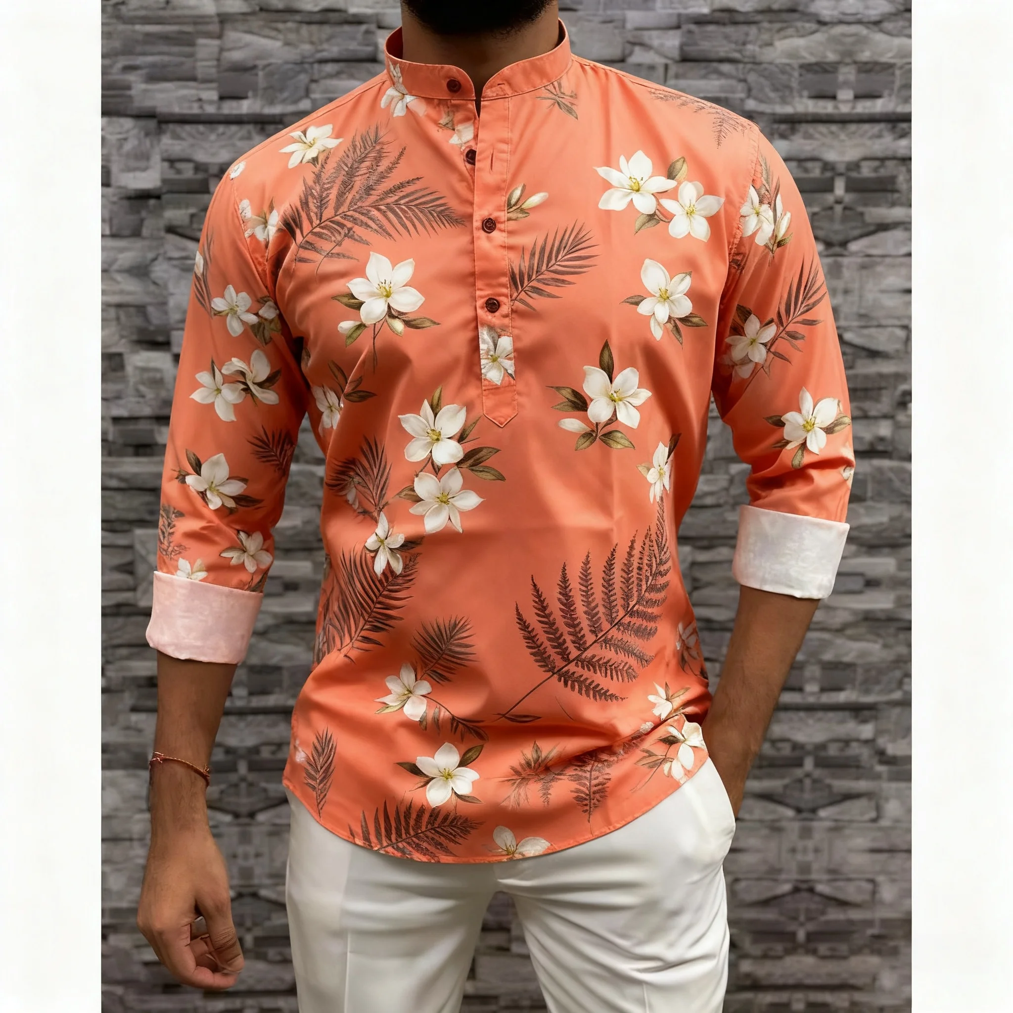 قميص رجالي مسلم بسيط قميص غير رسمي نمط الطباعة العرقية قميص طويل الأكمام الوقوف طوق البرق رقيقة الملابس الإسلامية رجل