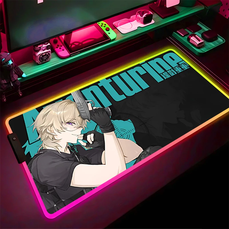 

RGB LED Mouse Pad Non-Slip Keyboard Pad Anime Tablet Pad PC Accessories Mousepad Gaming H-honkai Star Rail Aventurine Desk Mat