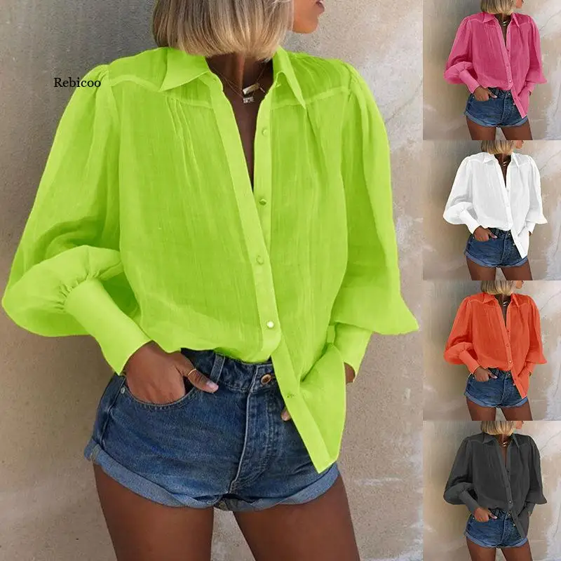 

Solid Color Shirt Women 2020 Spring Summer Fashion New Explosion Models Lapel Lantern Long Sleeve Loose Shirt Tide