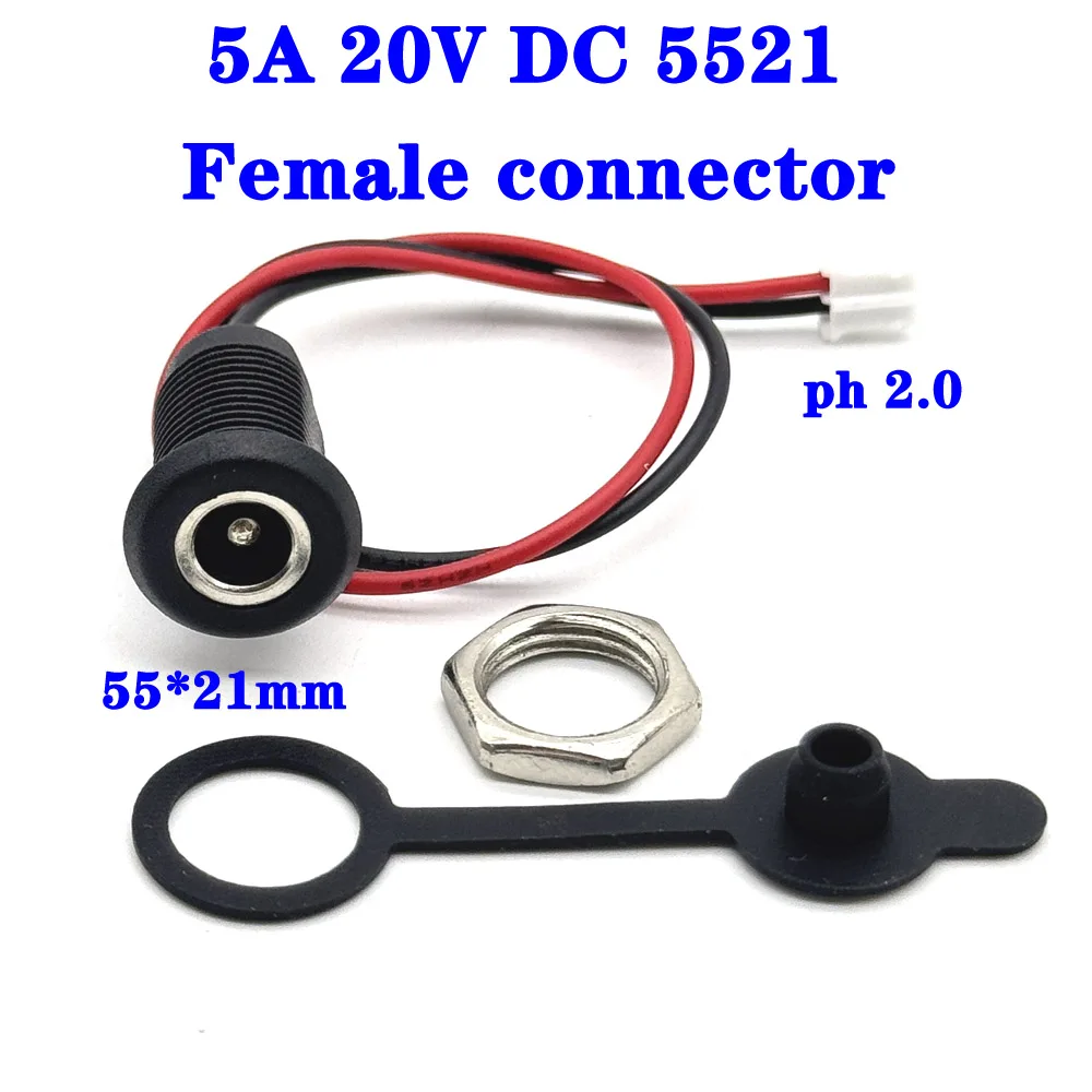 20V 5A DC Power Supply Threaded Charging Socket 5.5x2.1mm Female Jack Panel Mount Connector With Nut Wire Waterproof Cap