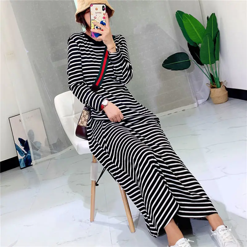 Office Lady Simplicity Printing Striped O-neck Pullovers Long Sleeve Casual Dresses Loose Temperament Autumn Thin Women Clothing