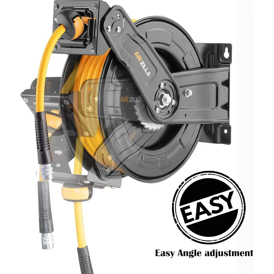 Heavy duty steel retractable air hose reel with dual arm featuring 3 8 inch x 50 feet hybrid polymer hose auto rewind function