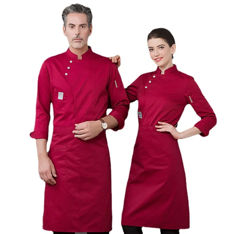 남녀공용 긴팔 요리사 유니폼, 호텔 수통 작업복, 케이크 베이커, 주방 재킷 및 앞치마