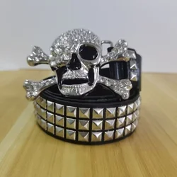 Cinturón gótico con remaches para hombre y mujer, cinturón Punk de calavera con diamantes de imitación, cinturón de baile callejero