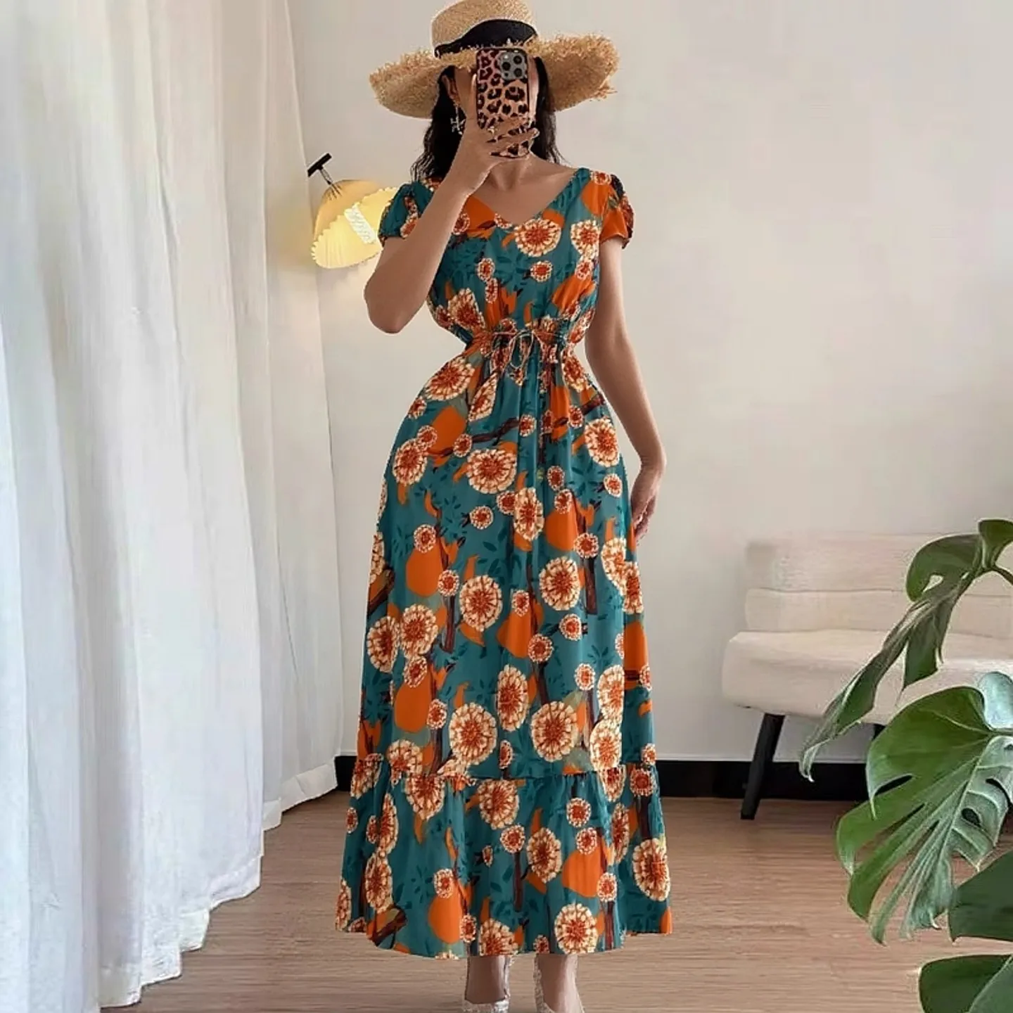 YuooMuoo Urlaub Fashion Floral Print Maxi Sommer Kleid Frauen Elegante Schlanke Taille A-line Bohemian Kleid Chic Dame Strand Vestidos